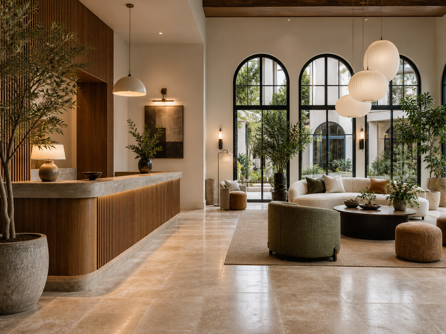 Boutique hotel lobby lounge with oak reception and arched windows