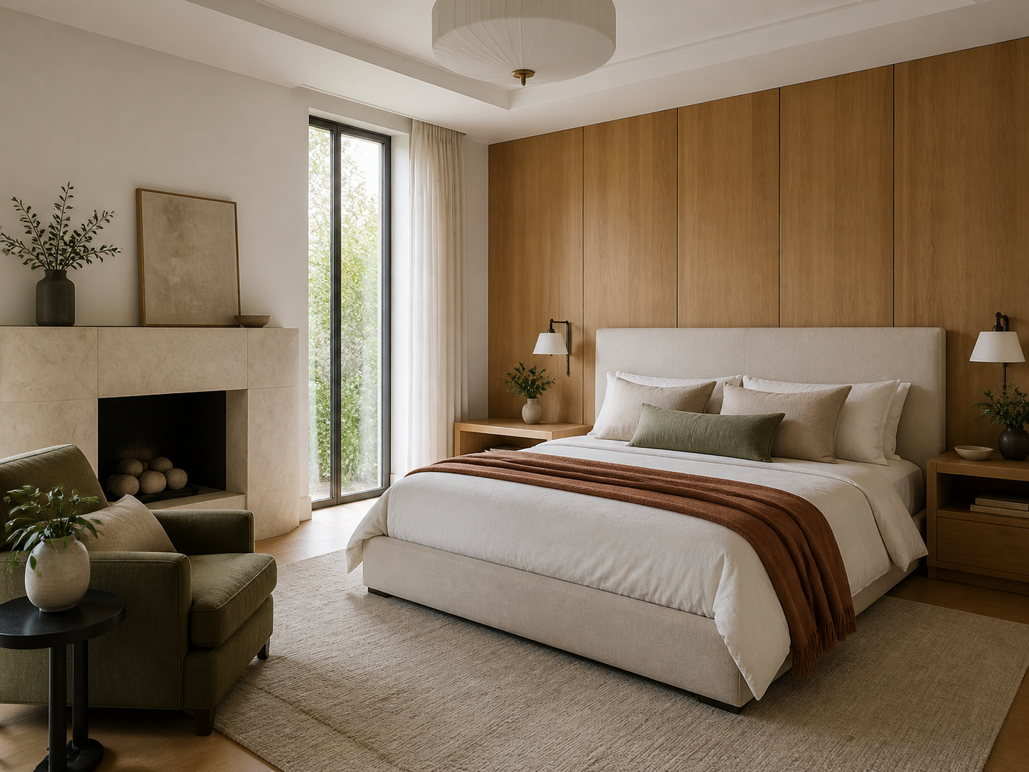Calm primary bedroom suite with oak paneling and linen bed